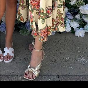 Stuart Weitzman Metallic Gold Knotted Square-Toe Ankle-Strap Heels